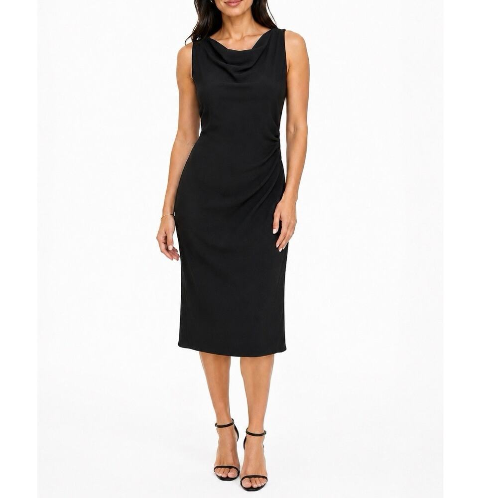 Emanuel Ungaro Cowl Neck Crepe Ruched Dress Sz 12 /46 Black Classic Minimalist